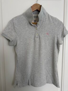 Ruehl No.925 Light Heather Gray Polo with Pink Logo